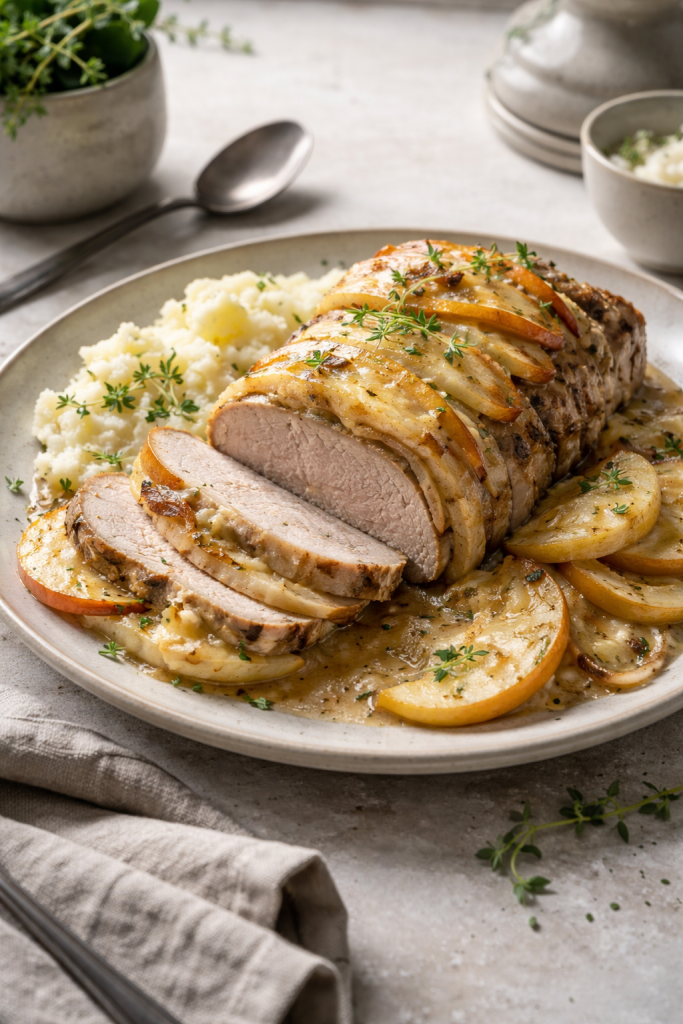 Baked pork loin with melted cheese, apples, and onions served sliced on a ceramic plate in natural light