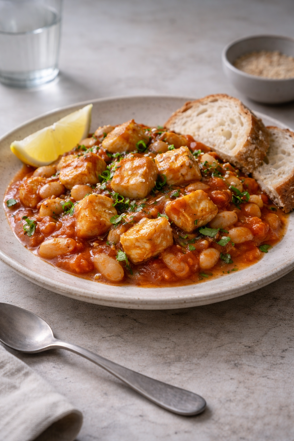 Bean and halloumi stew served in a simple bowl with tomato sauce