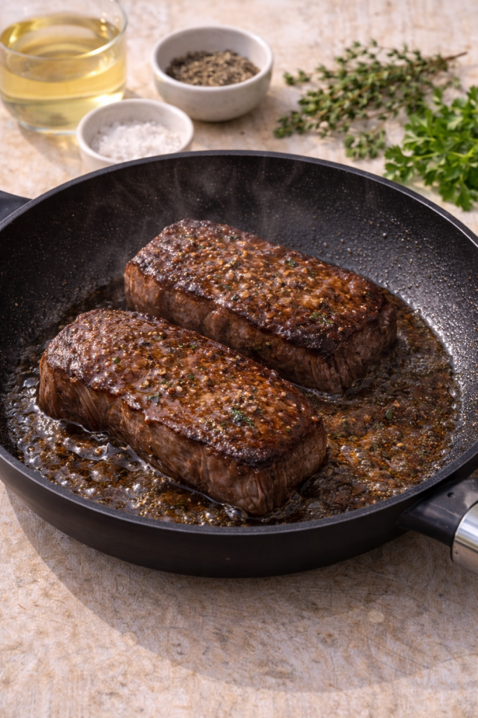 beef steaks searing in a hot skillet while cooking french style steak with pan sauce