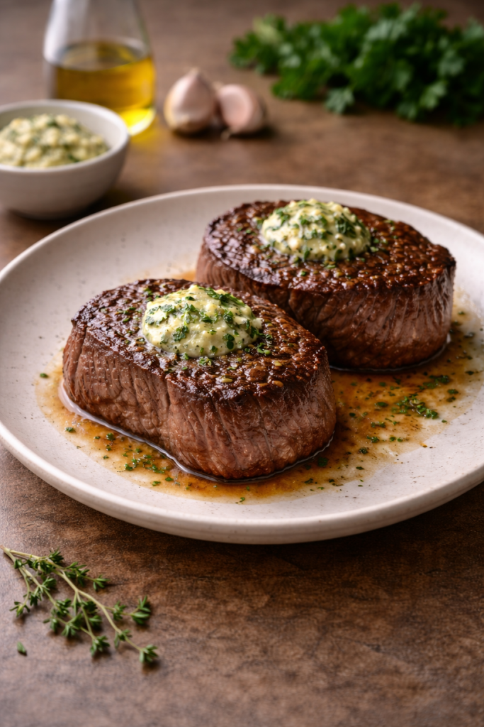 Beef tenderloin steak with simple herb butter served in natural daylight, minimalist home style