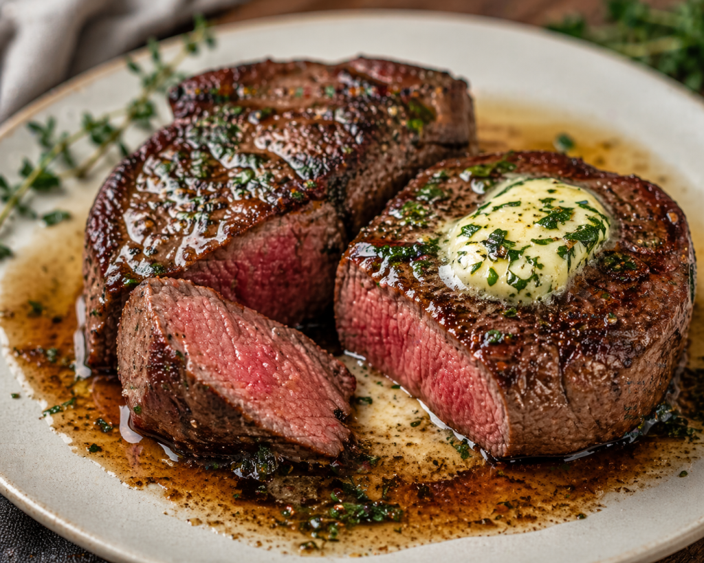 beef tenderloin steak sliced open with juicy center and melting herb butter on top