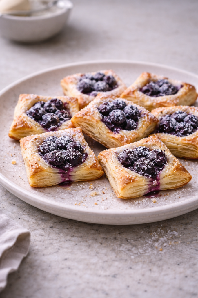 Flaky puff pastry cookies filled with blueberries, lightly dusted with powdered sugar