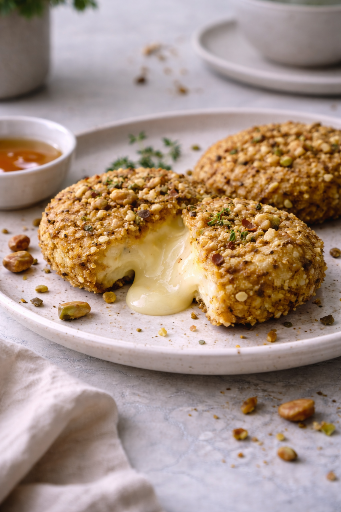 Breaded camembert with almond and pistachio crust, cut open to show melted cheese inside