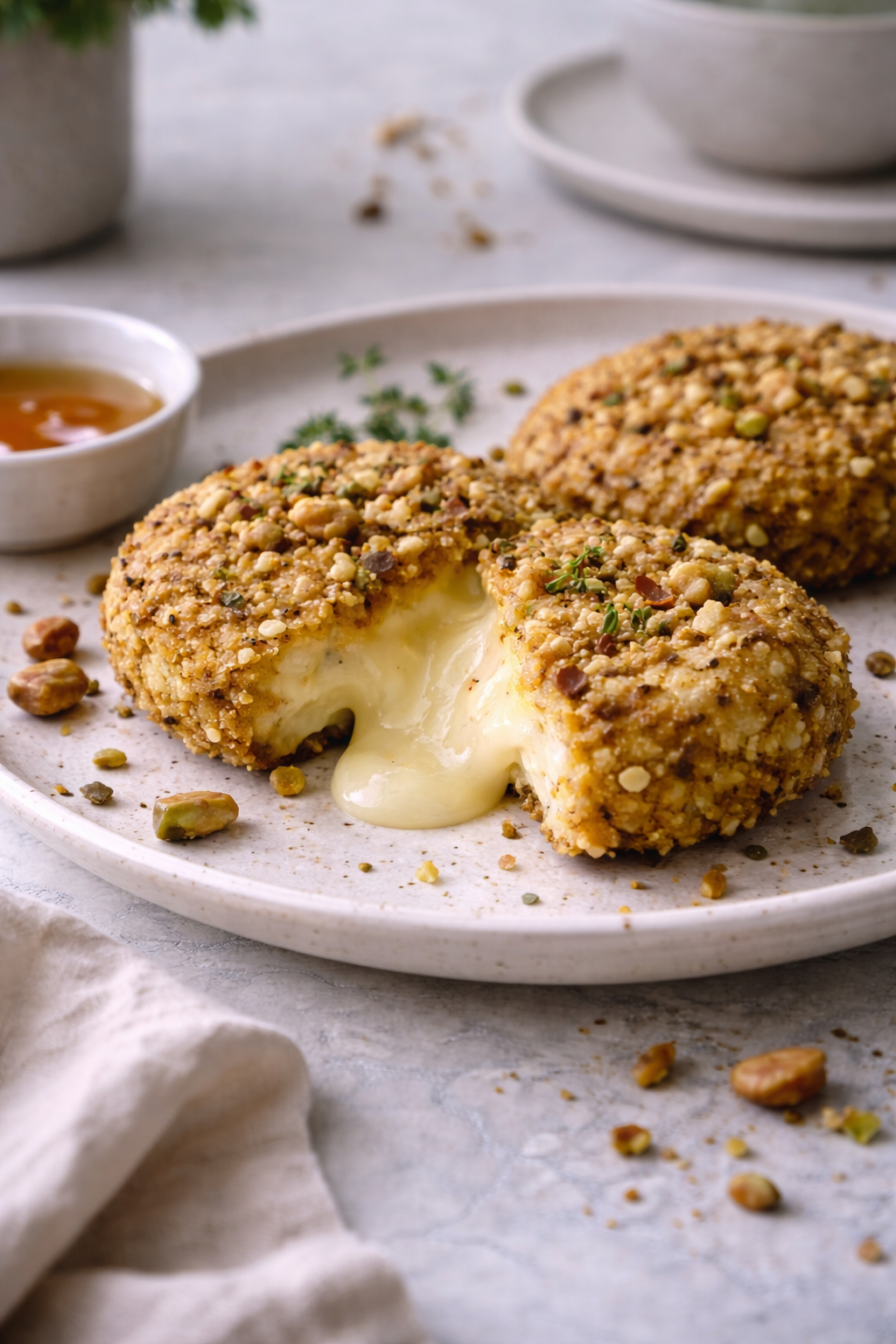 Breaded camembert with almond and pistachio crust, cut open to show melted cheese inside
