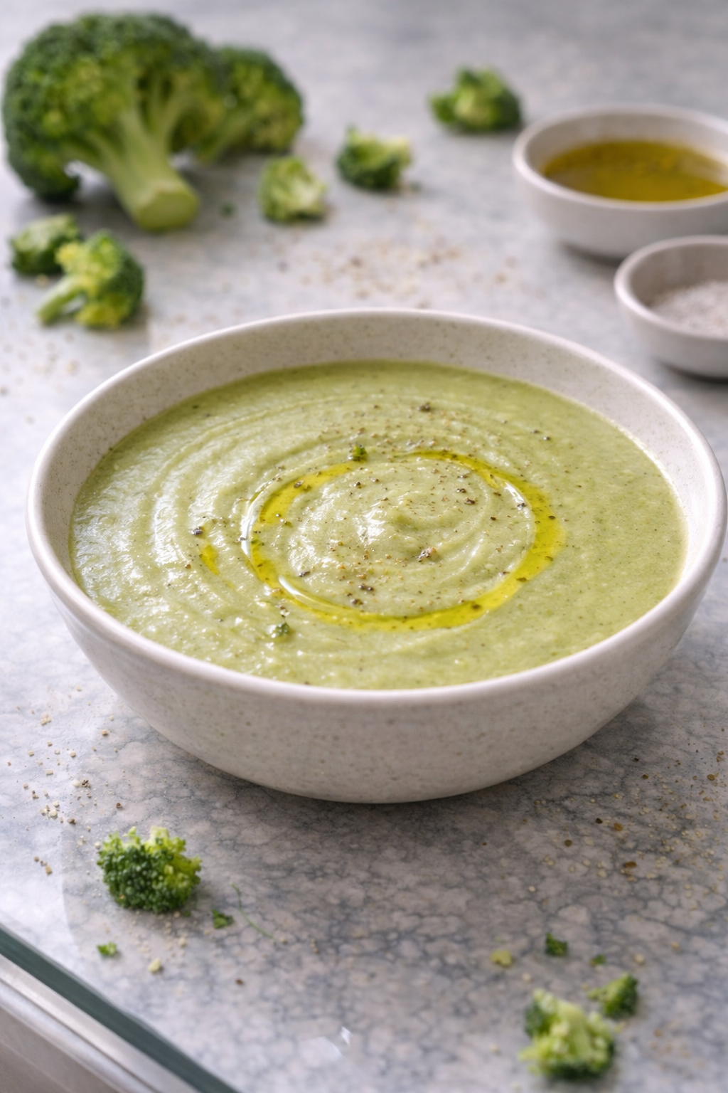 Smooth broccoli cream soup served in a simple bowl