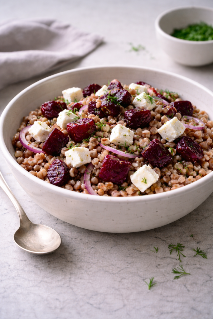 Buckwheat salad with roasted beets and Greek-style cheese in a simple bowl