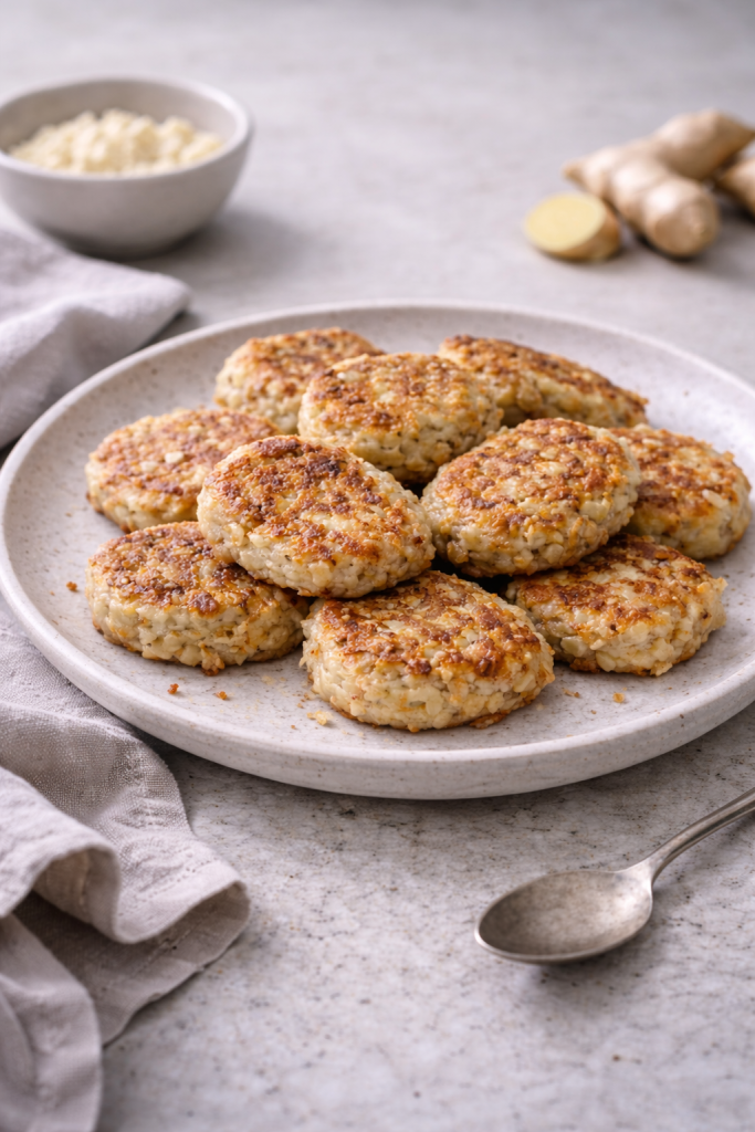 Golden buckwheat cheesecake fritters with visible grain texture, served simply on a plate