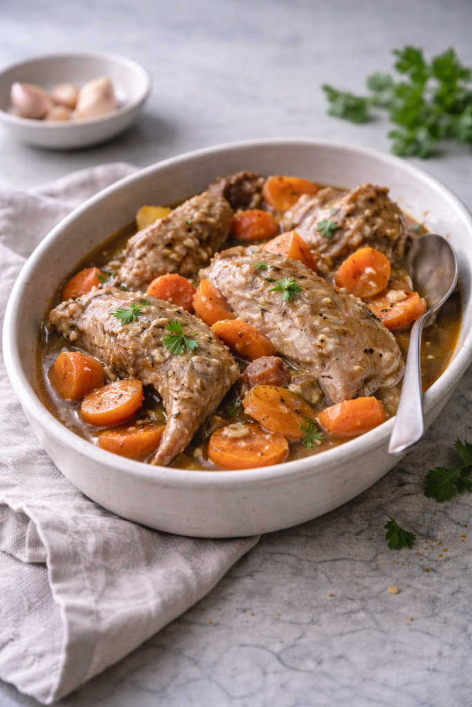 Tender rabbit braised gently with carrots and butter in a simple serving dish