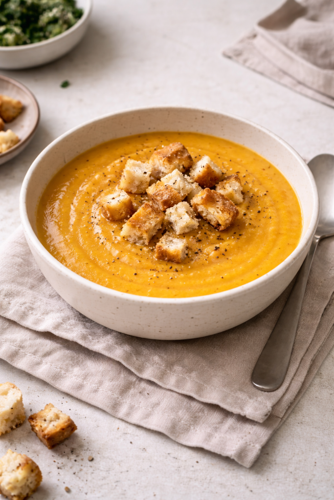 Smooth carrot, orange and ginger soup served with simple homemade croutons