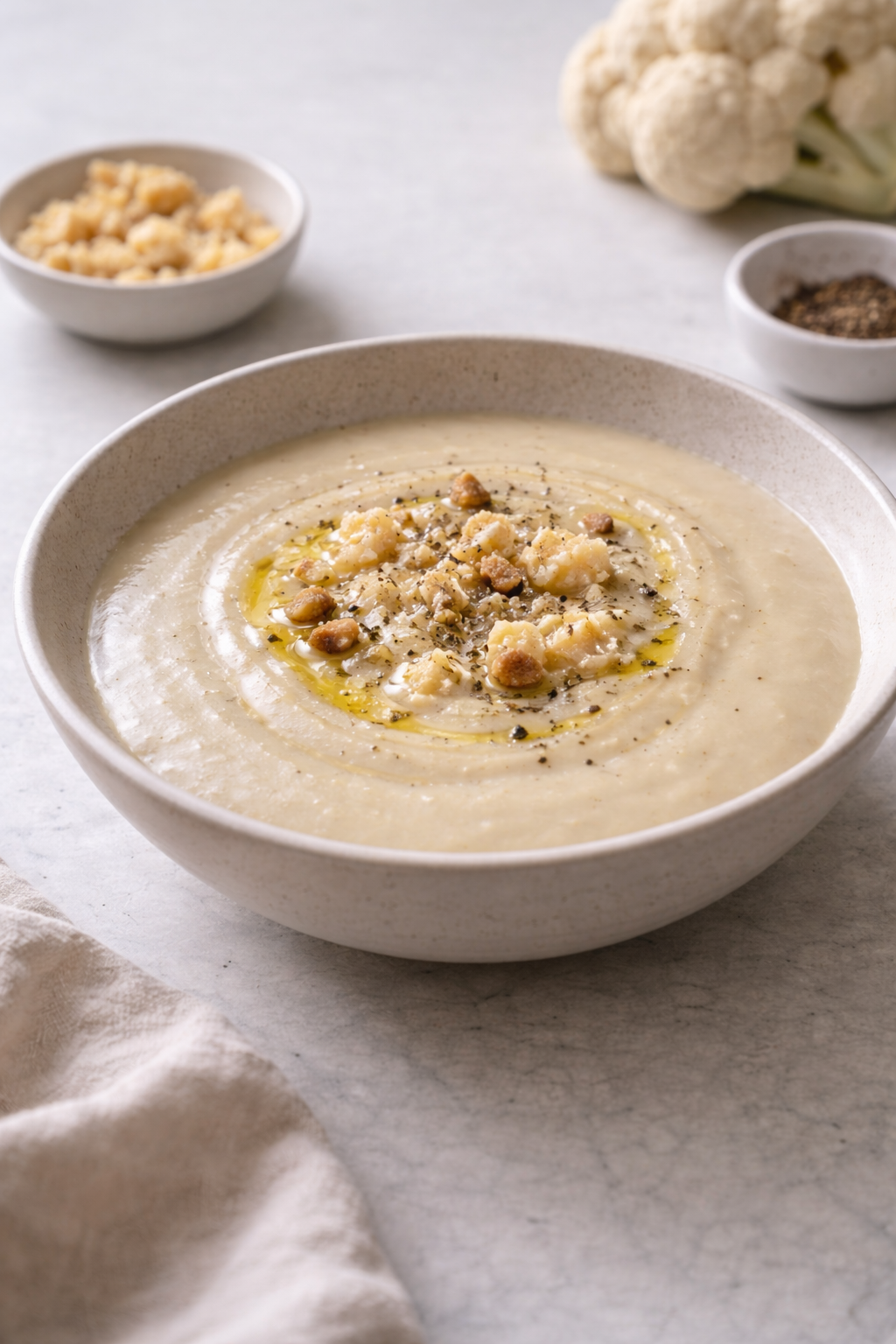 Creamy cauliflower soup topped with smoked fresh cheese and black pepper