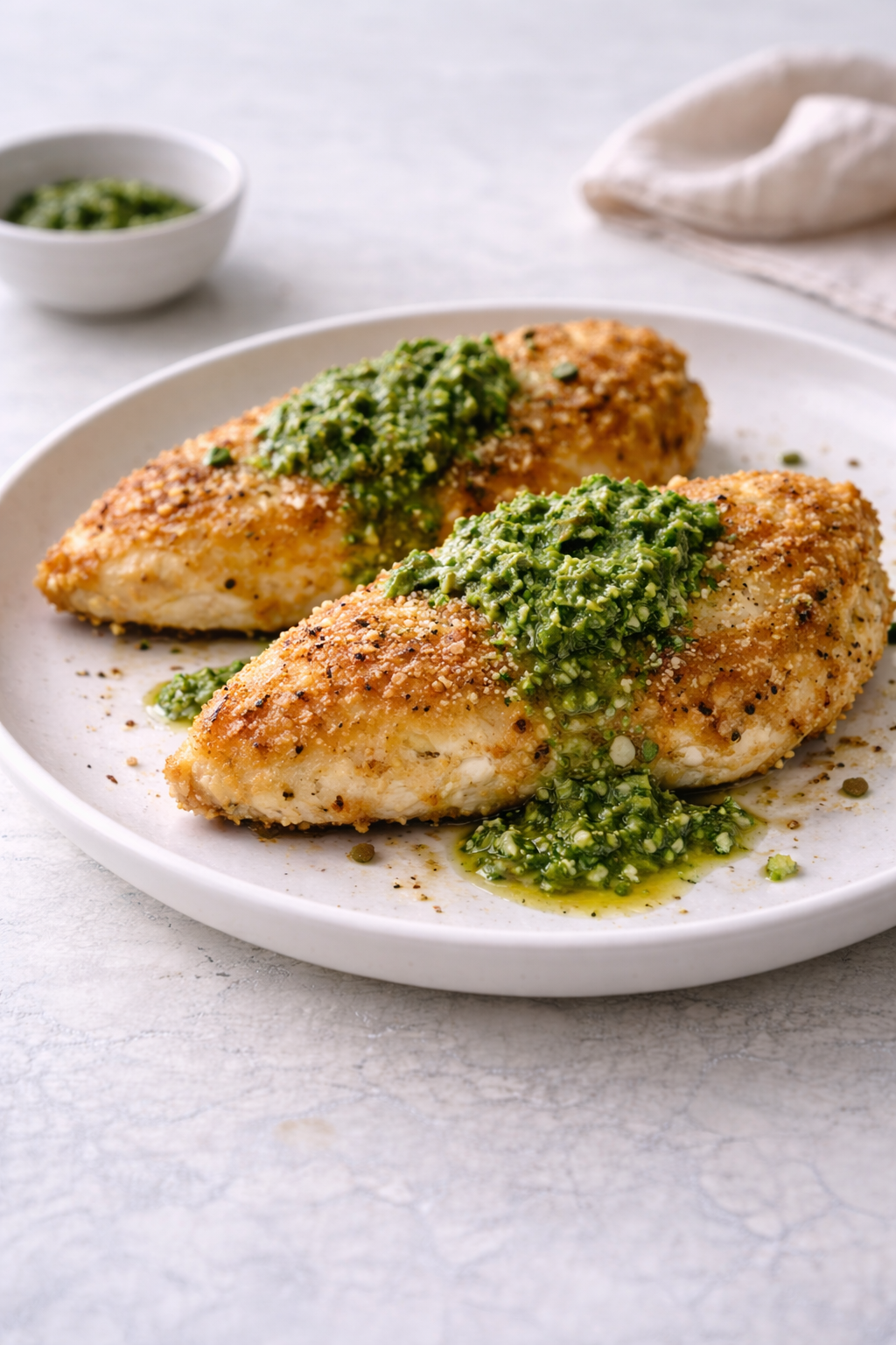 Cheese-crusted chicken breast with crisp coating served with basil pesto in natural daylight