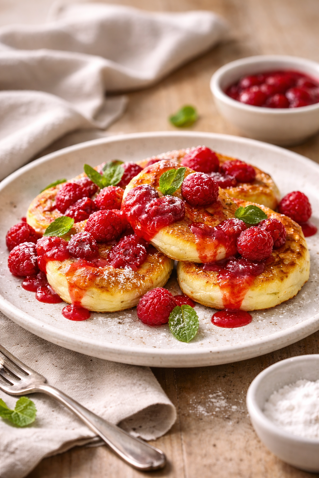 Golden cheese pancakes with crisp edges topped with warm raspberry sauce on a ceramic plate