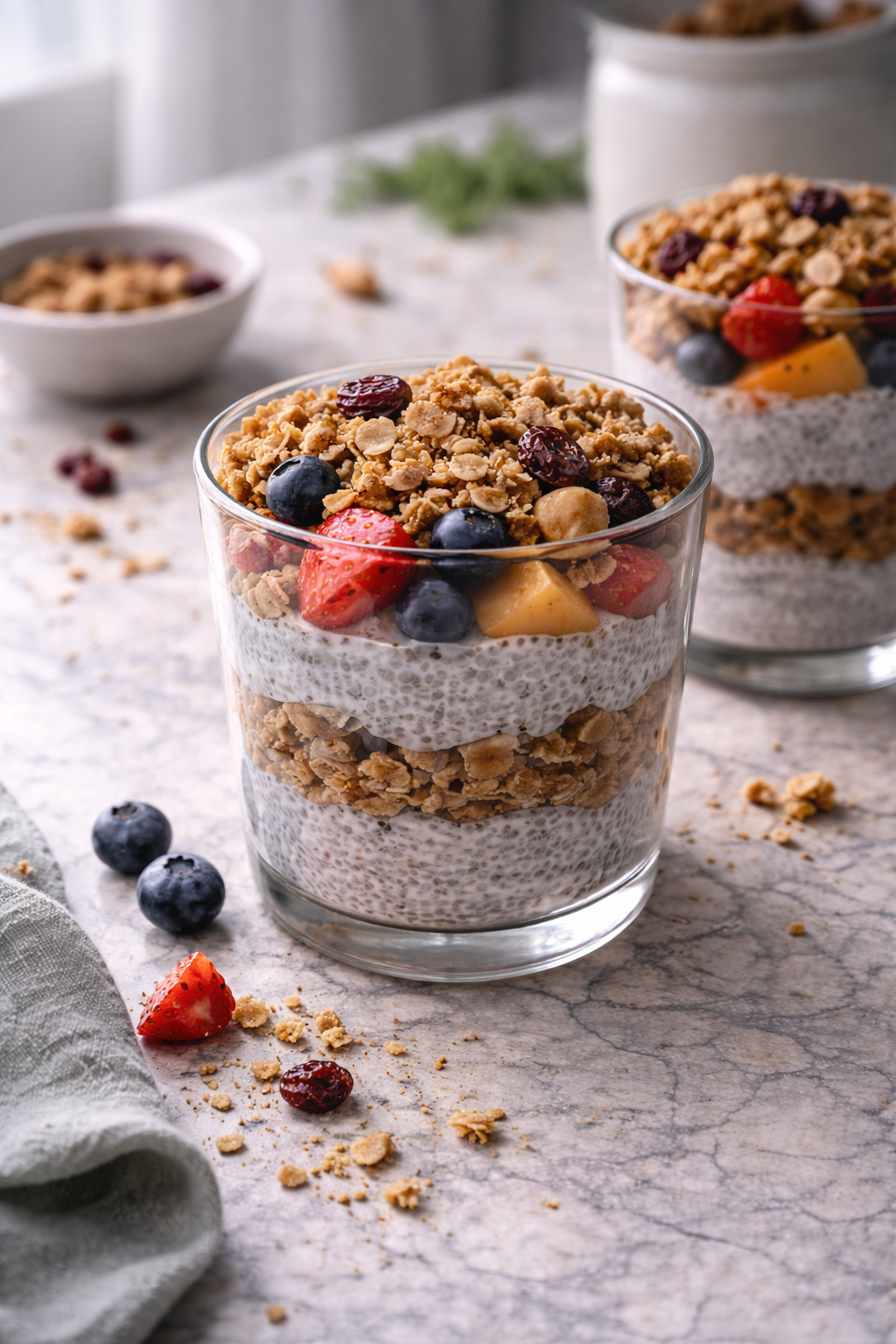 Chia parfait layered with homemade granola and fruit in a glass, served casually in natural light.