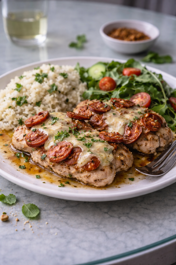 Juicy chicken cooked with chorizo and topped with melted Manchego cheese