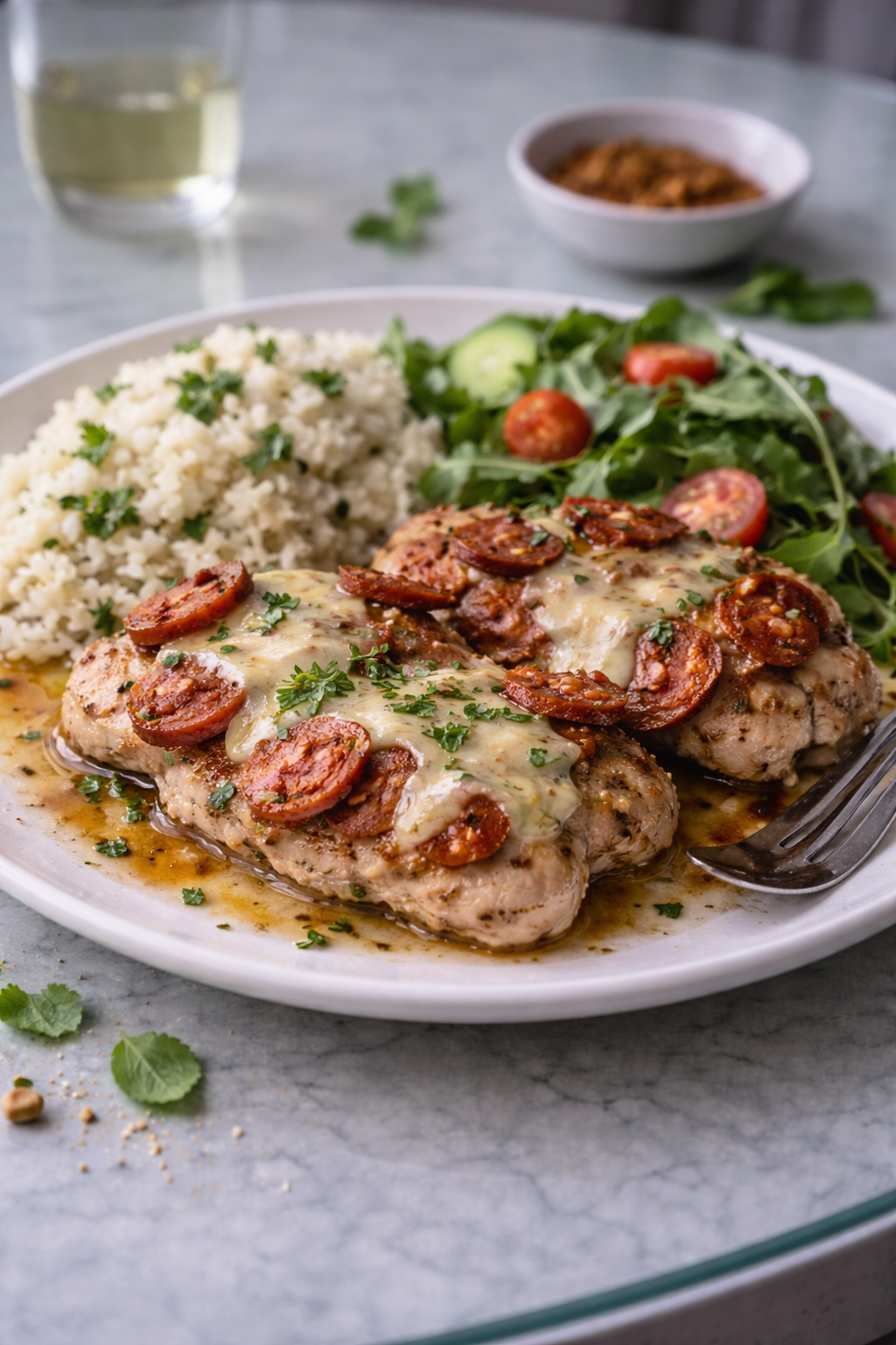 Juicy chicken cooked with chorizo and topped with melted Manchego cheese