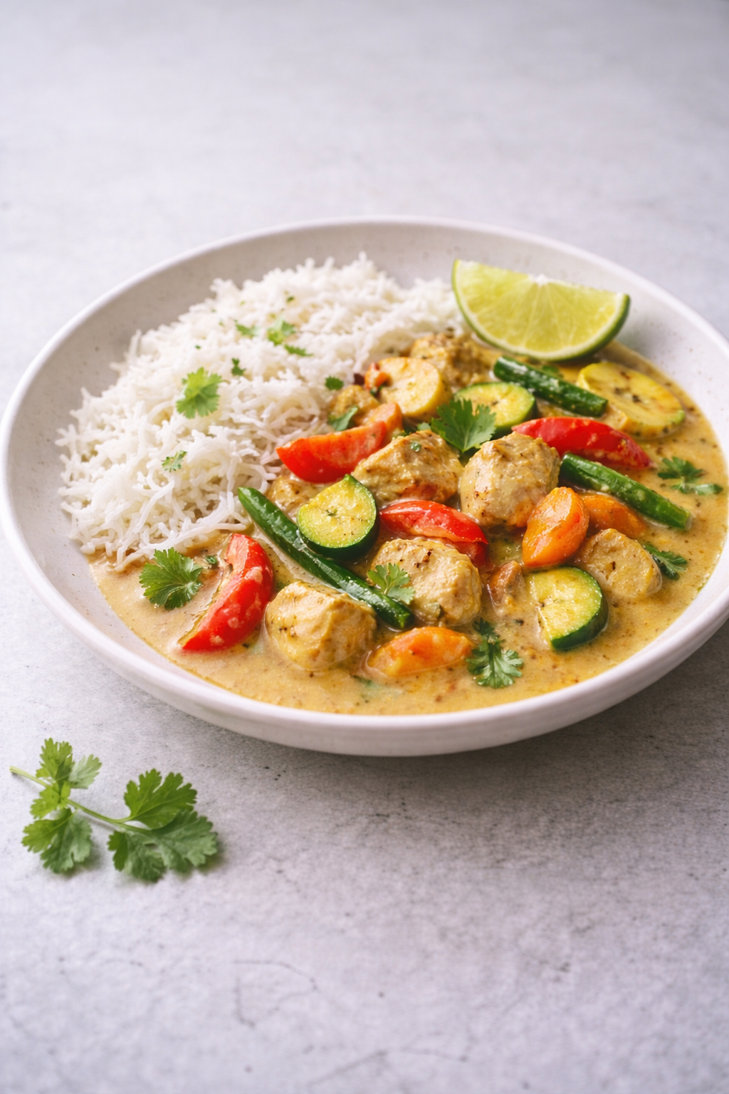 Chicken cooked with vegetables in a creamy coconut curry sauce