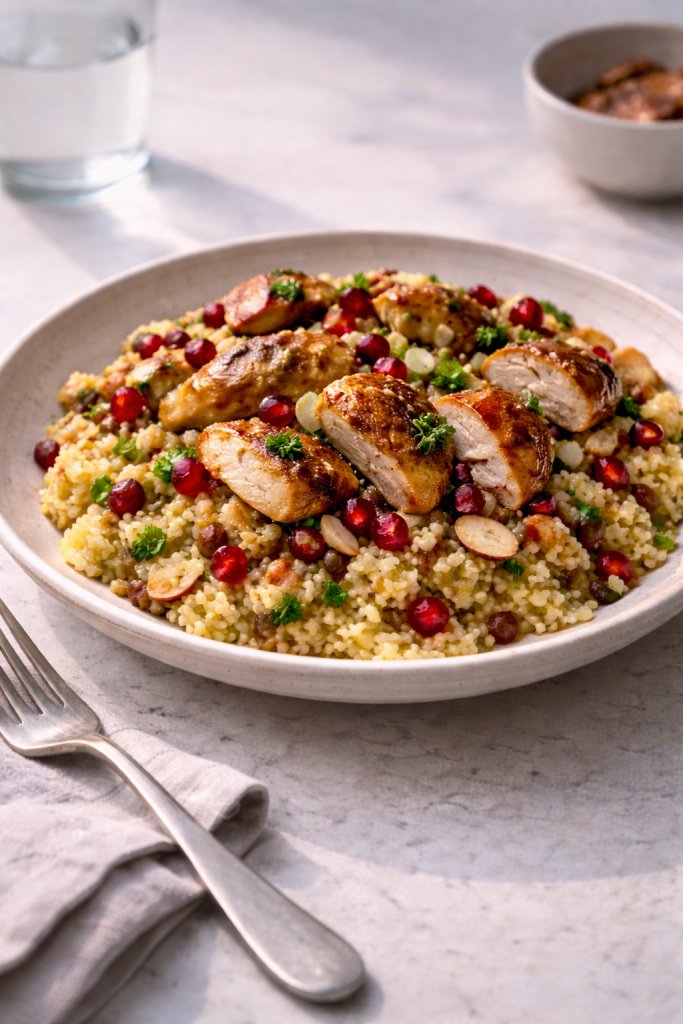 Quick chicken couscous with almonds and pomegranate for an easy weeknight dinner