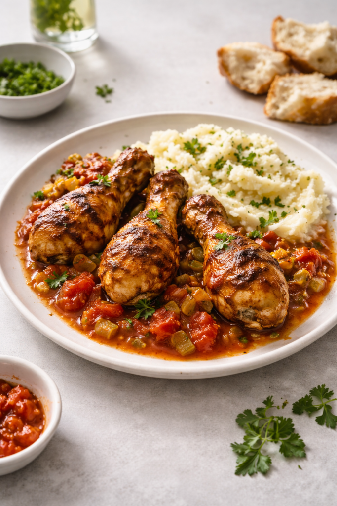 Chicken drumsticks braised in tomato sauce with leeks served in a rustic pan