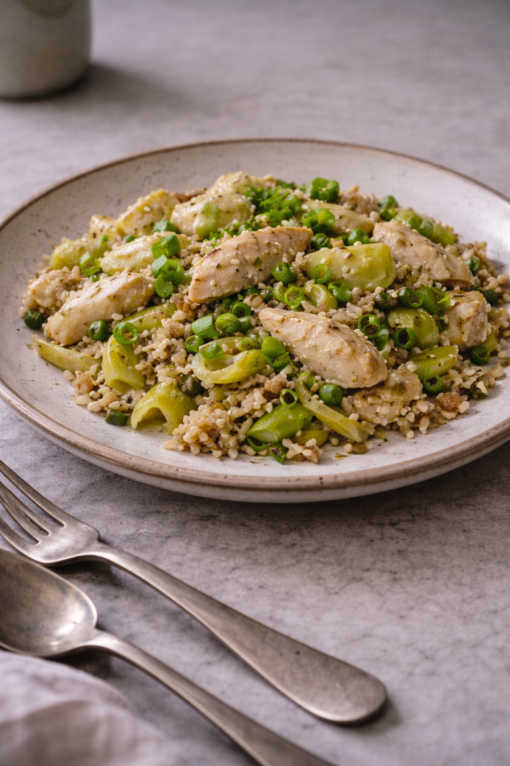 Chicken stir-fry with leeks and brown rice served on a ceramic plate