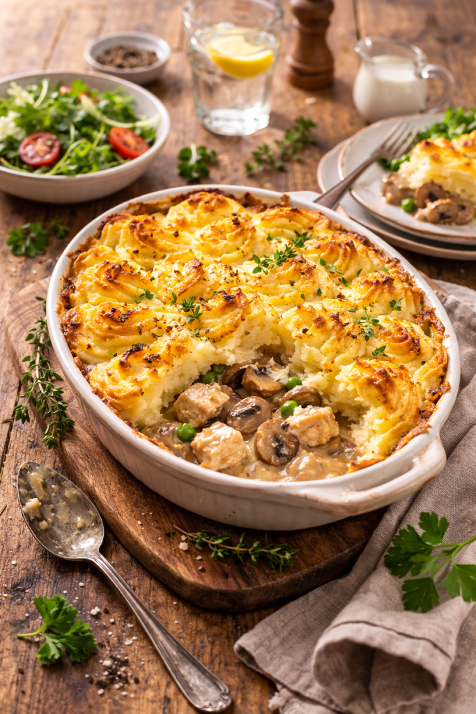 chicken and mushroom pie with crispy mashed potato topping