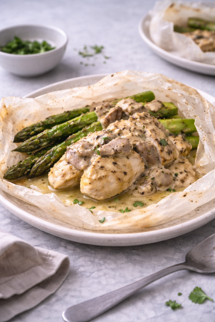 Chicken baked in parchment with green asparagus and mustard mushroom sauce served on a plate