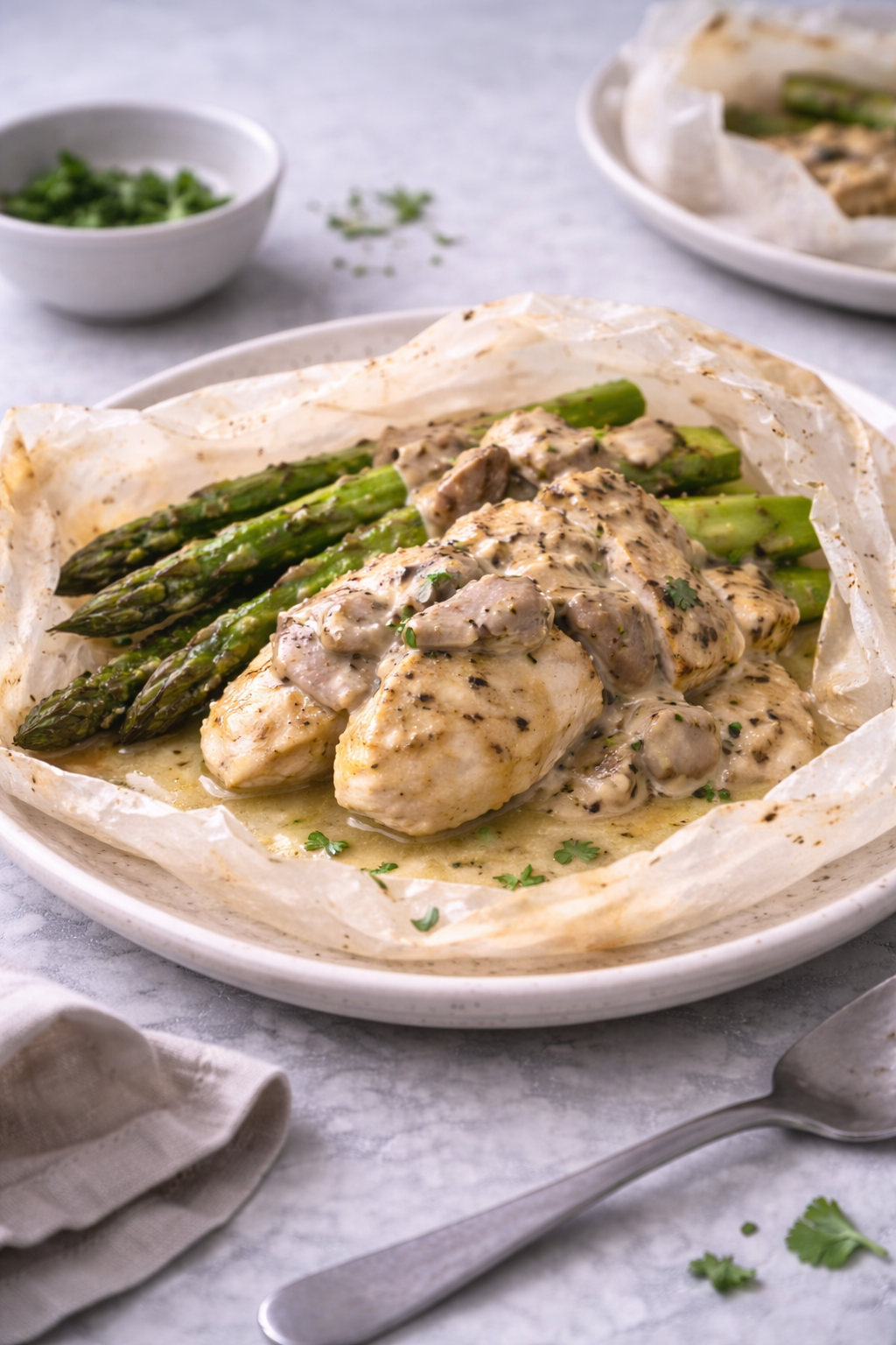 Chicken baked in parchment with green asparagus and mustard mushroom sauce served on a plate