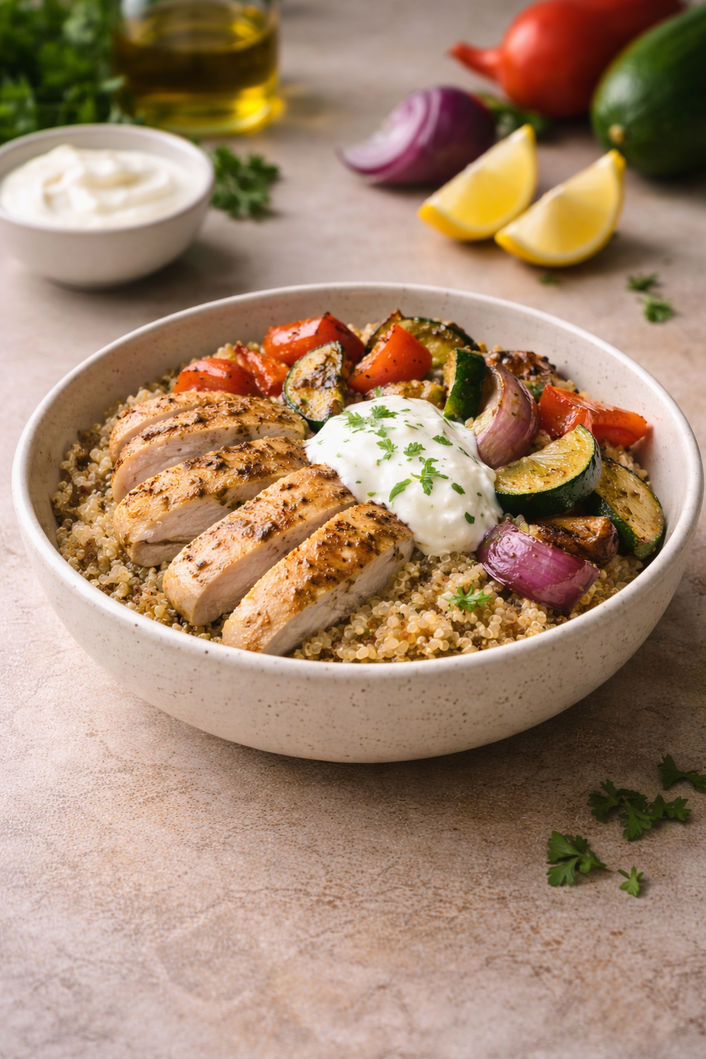Light chicken and quinoa bowl with roasted vegetables and lemon yogurt, served in a home kitchen setting