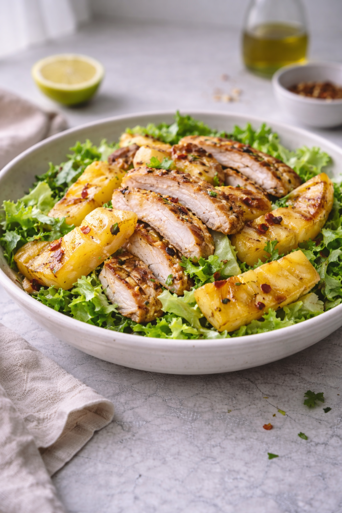 Chicken salad with grilled pineapple served fresh in a home kitchen setting with natural light