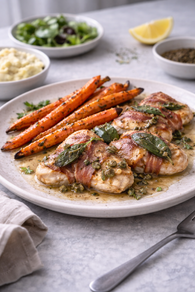 Chicken saltimbocca with caper butter sauce and grilled carrots served on a plate