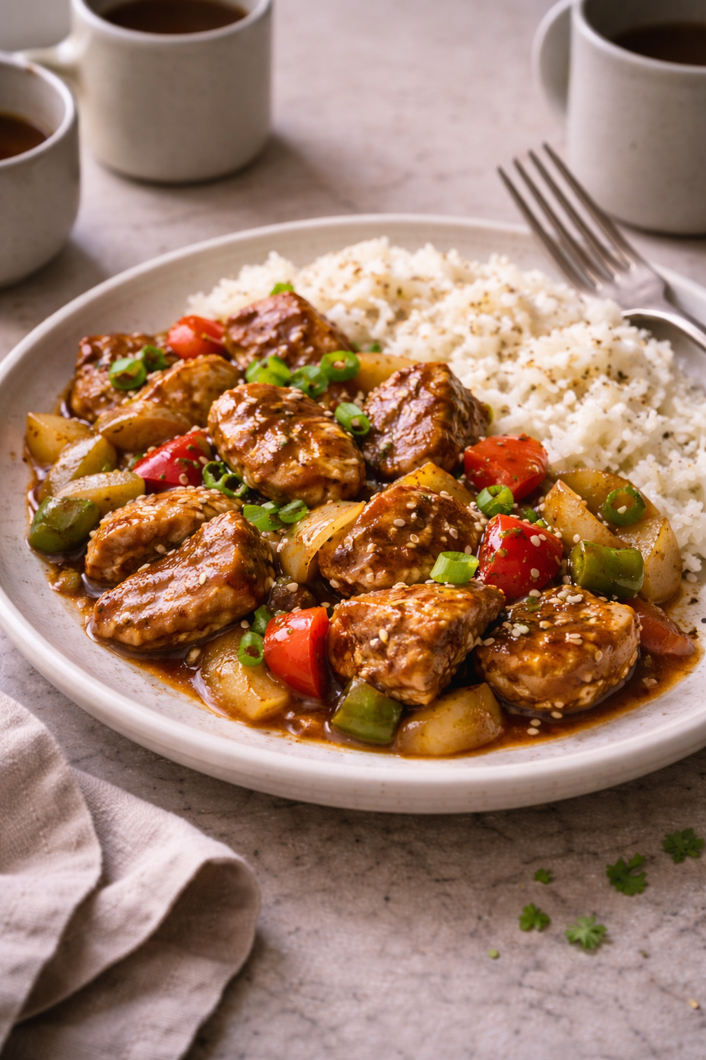 Chinese-style pork stir-fry with glossy sauce and vegetables cooked in a pan, photographed in natural daylight.