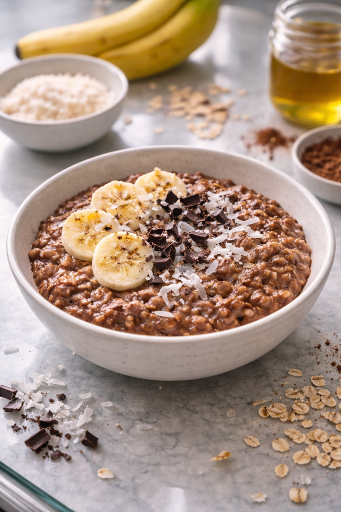Quick chocolate coconut oatmeal served warm in a simple bowl