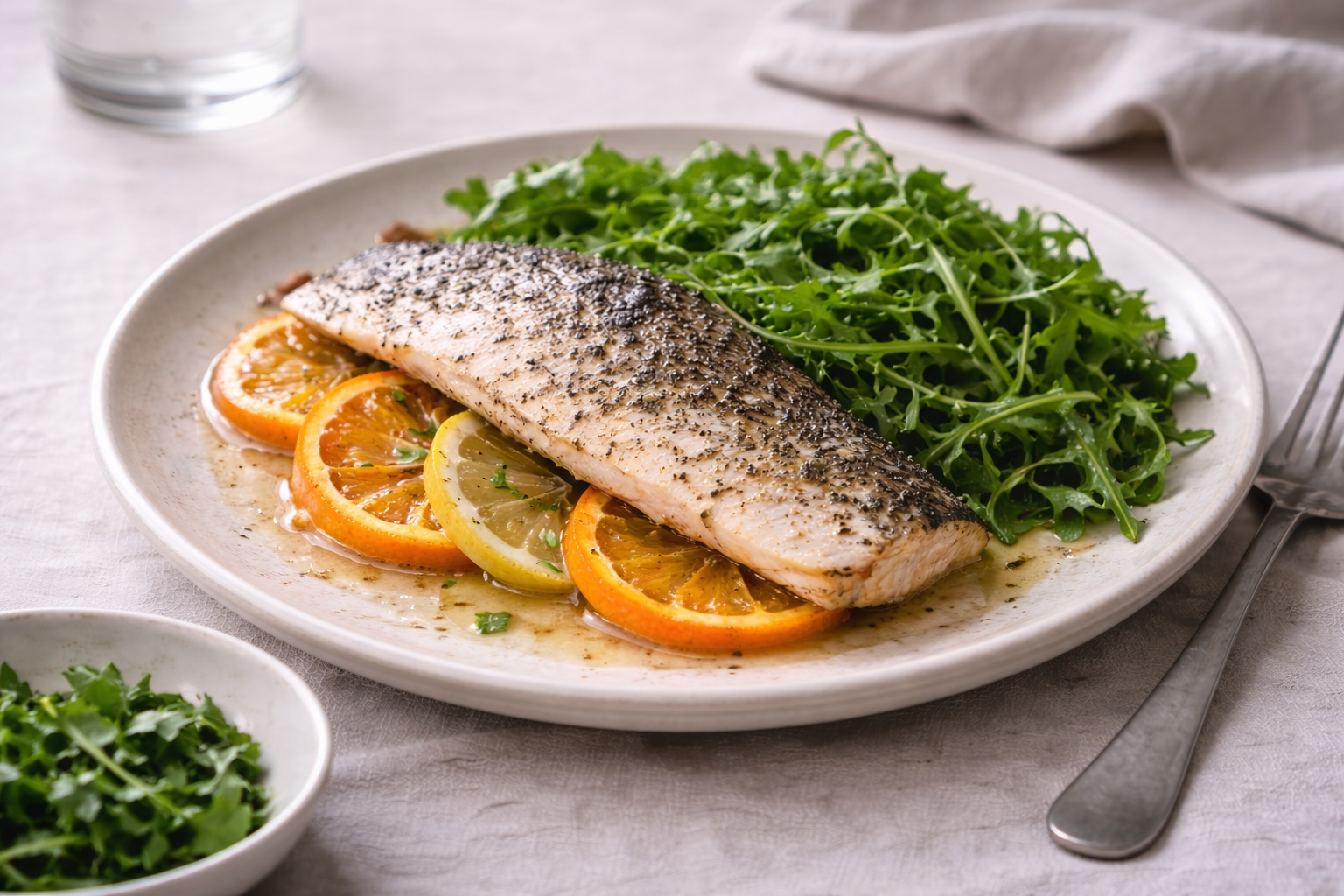 Citrus-roasted sea bass served with fresh arugula salad on a ceramic plate