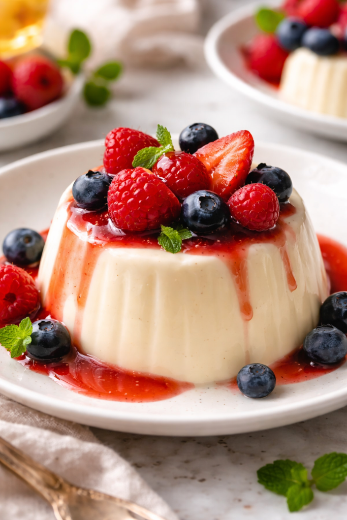 Classic panna cotta topped with fresh berries