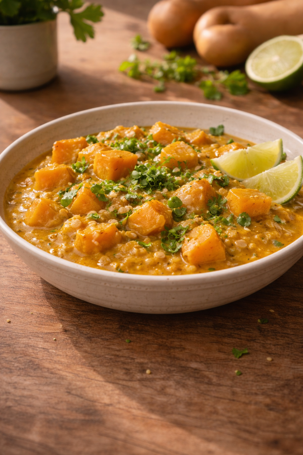 Creamy coconut squash lentil curry served in a bowl with fresh herbs