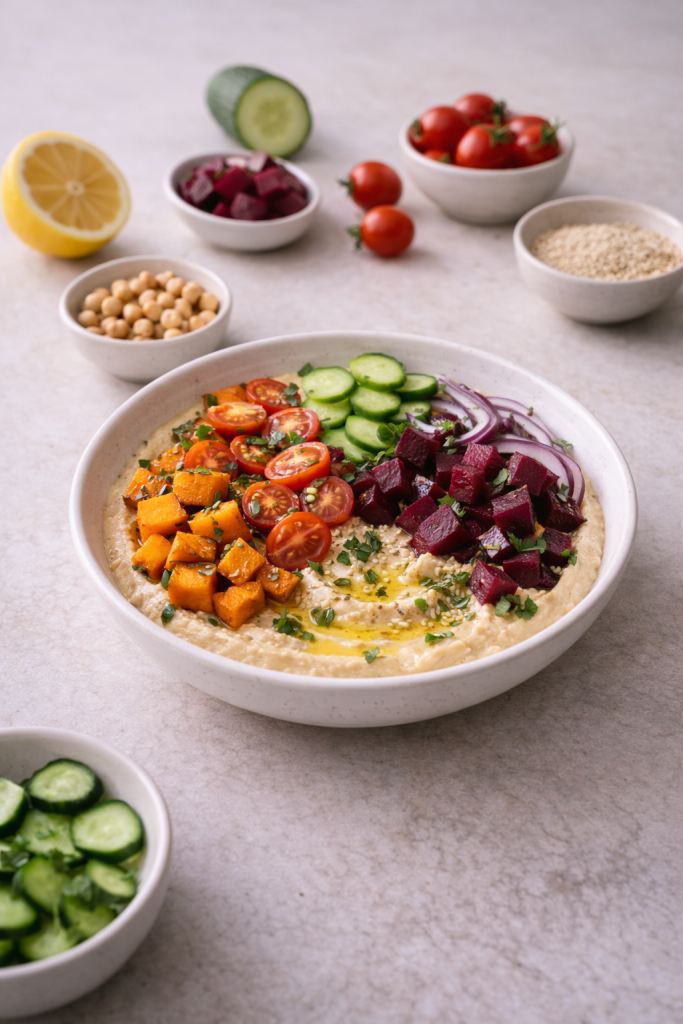 Colorful hummus bowl topped with vegetables and herbs, served in natural daylight with vibrant contrasts.