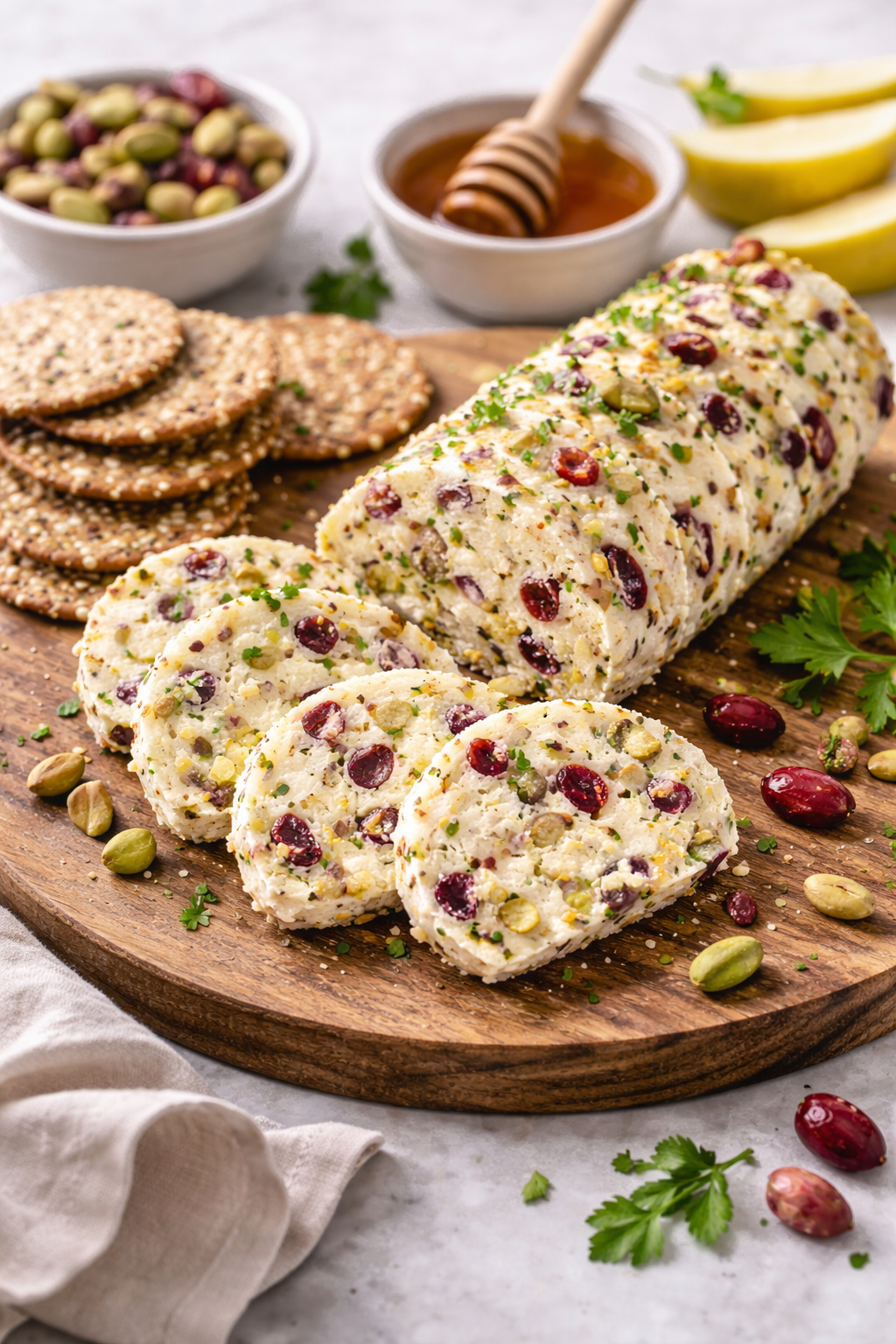 sliced cranberry pistachio cheese roll appetizer