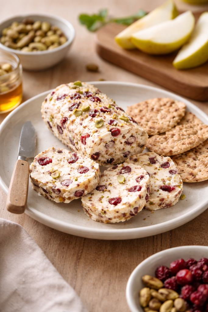 Creamy cheese roll sliced into rounds with visible cranberries and pistachios, served on a neutral plate in natural light.