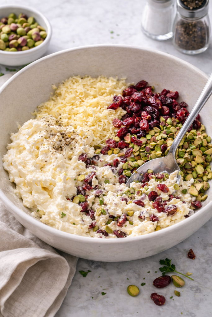 mixing cream cheese, cranberries, pistachios and grated cheese to prepare a cranberry pistachio cheese roll
