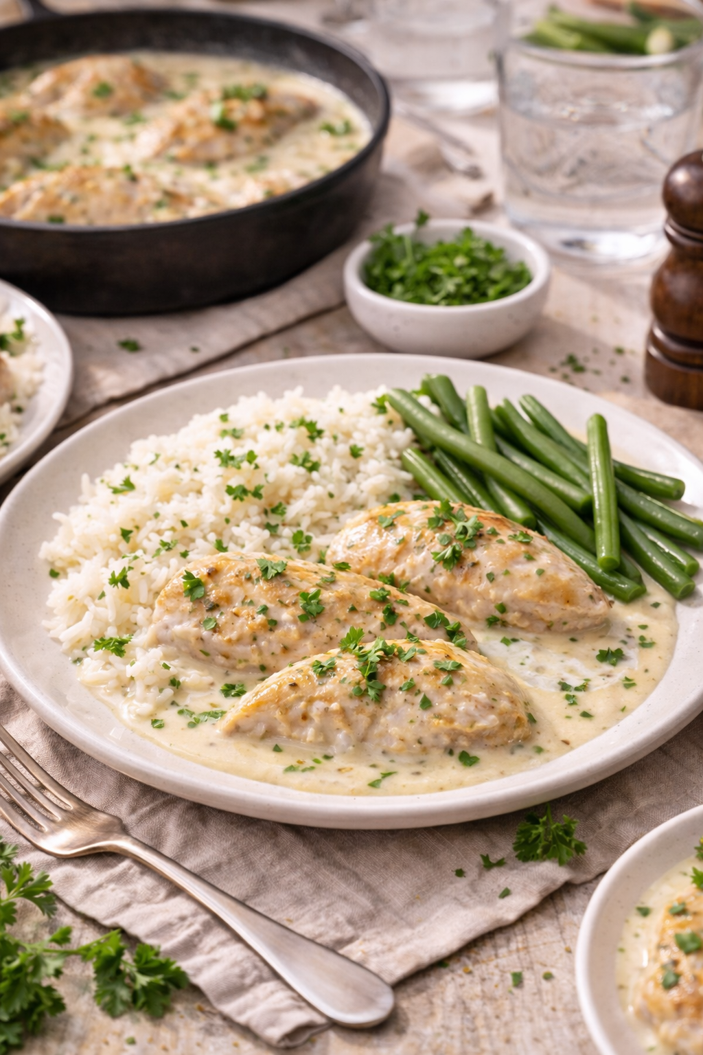 creamy chicken in gentle sauce served with rice and green beans on a dinner plate