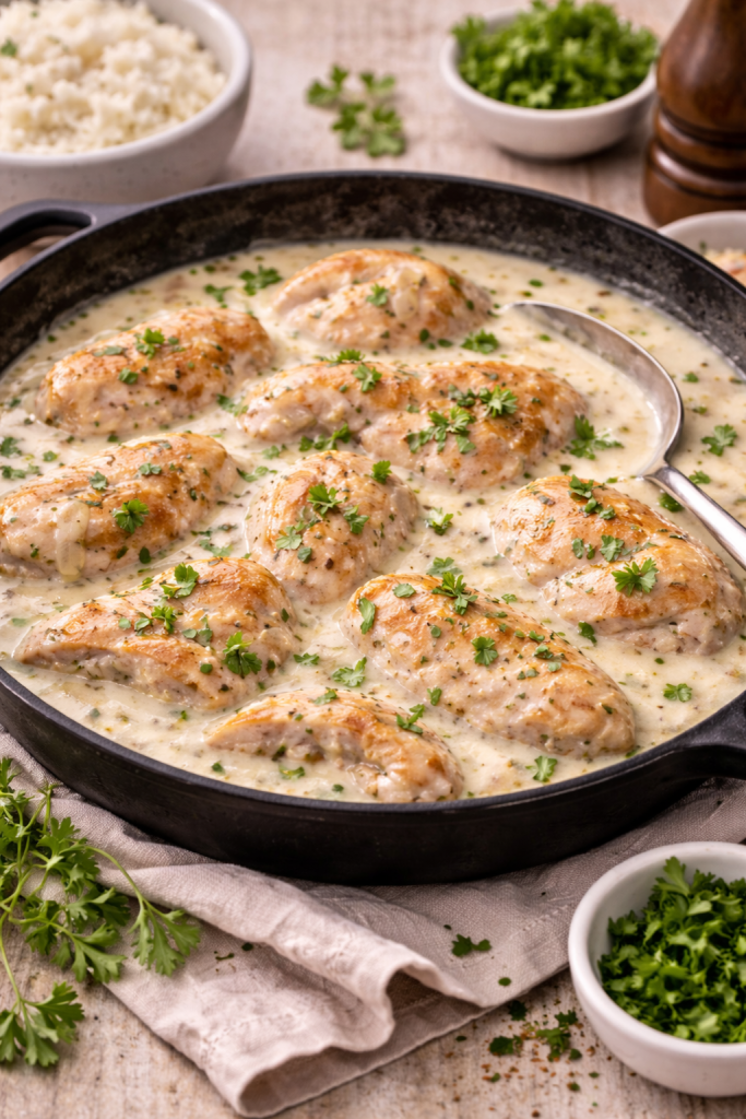 creamy chicken in mild sauce served in a skillet