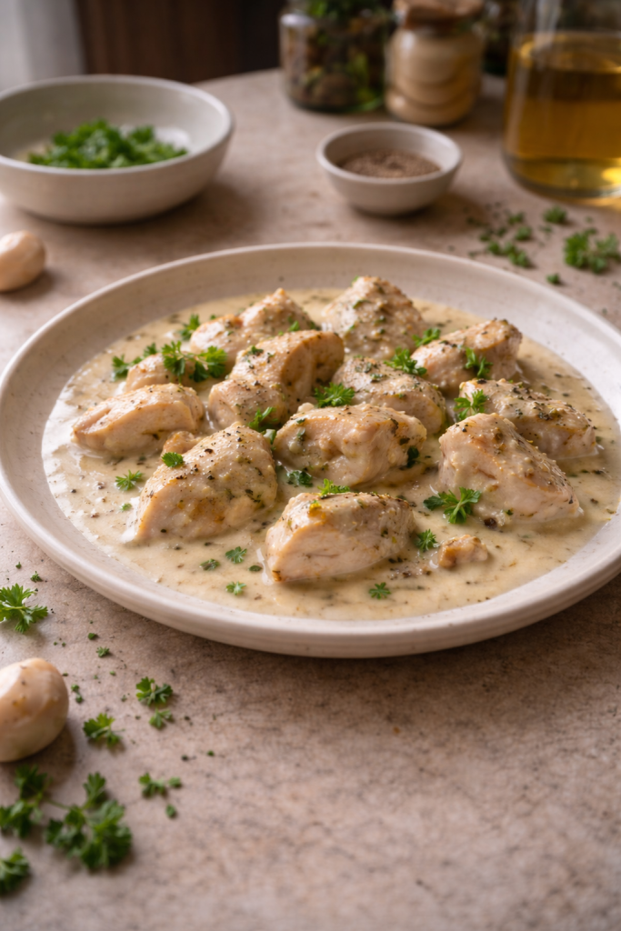 Tender chicken pieces served in a creamy sauce on a plate, photographed in soft natural daylight.