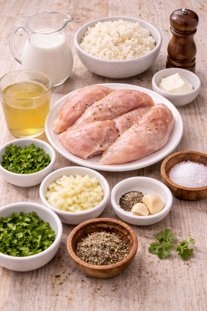 ingredients for creamy chicken in gentle sauce including chicken breast, cream, stock, garlic, onion and herbs on a wooden table