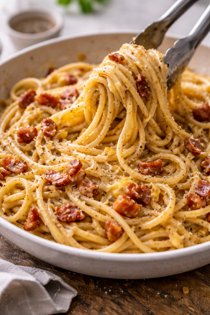 Creamy egg and cheese pasta with crispy bacon served as quick dinner