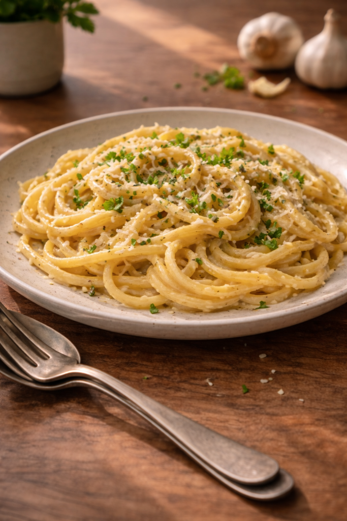 Creamy garlic pasta served simply on a ceramic plate with fresh herbs