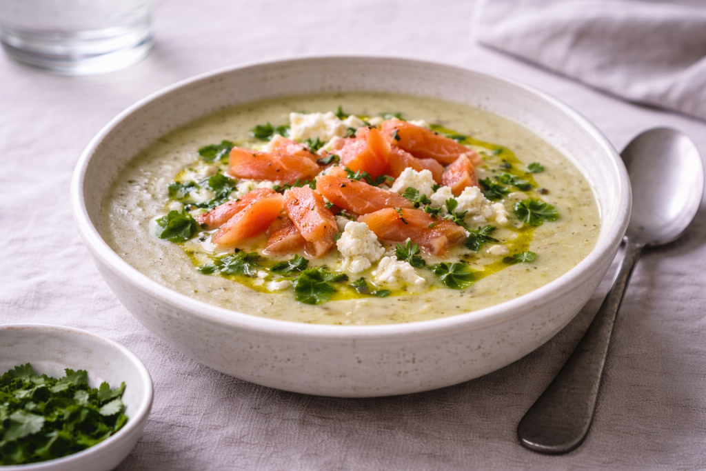Creamy leek soup topped with smoked salmon, soft curd cheese and green lovage oil, served in a simple ceramic bowl