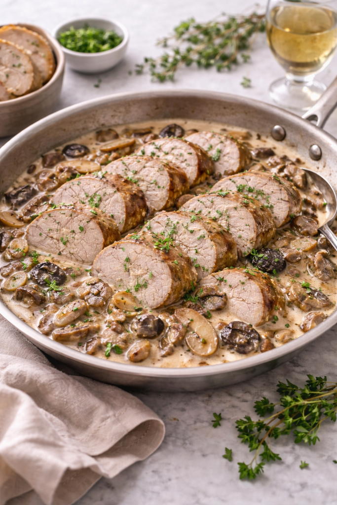 sliced pork tenderloin with creamy mushroom sauce in a skillet