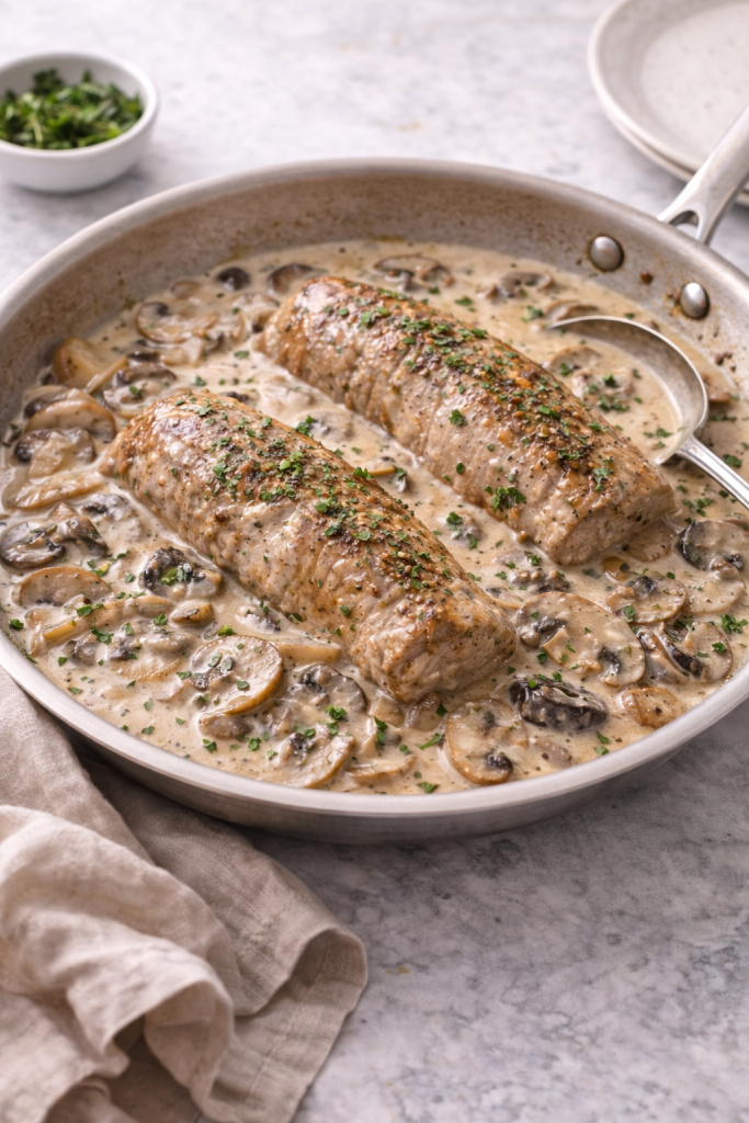 pork tenderloins simmering in creamy mushroom sauce in a skillet during cooking