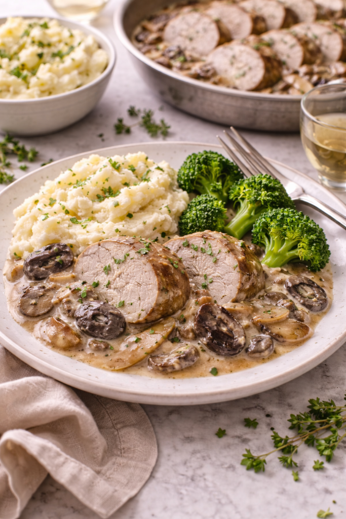 creamy mushroom pork tenderloin served with mashed potatoes and broccoli on a dinner plate