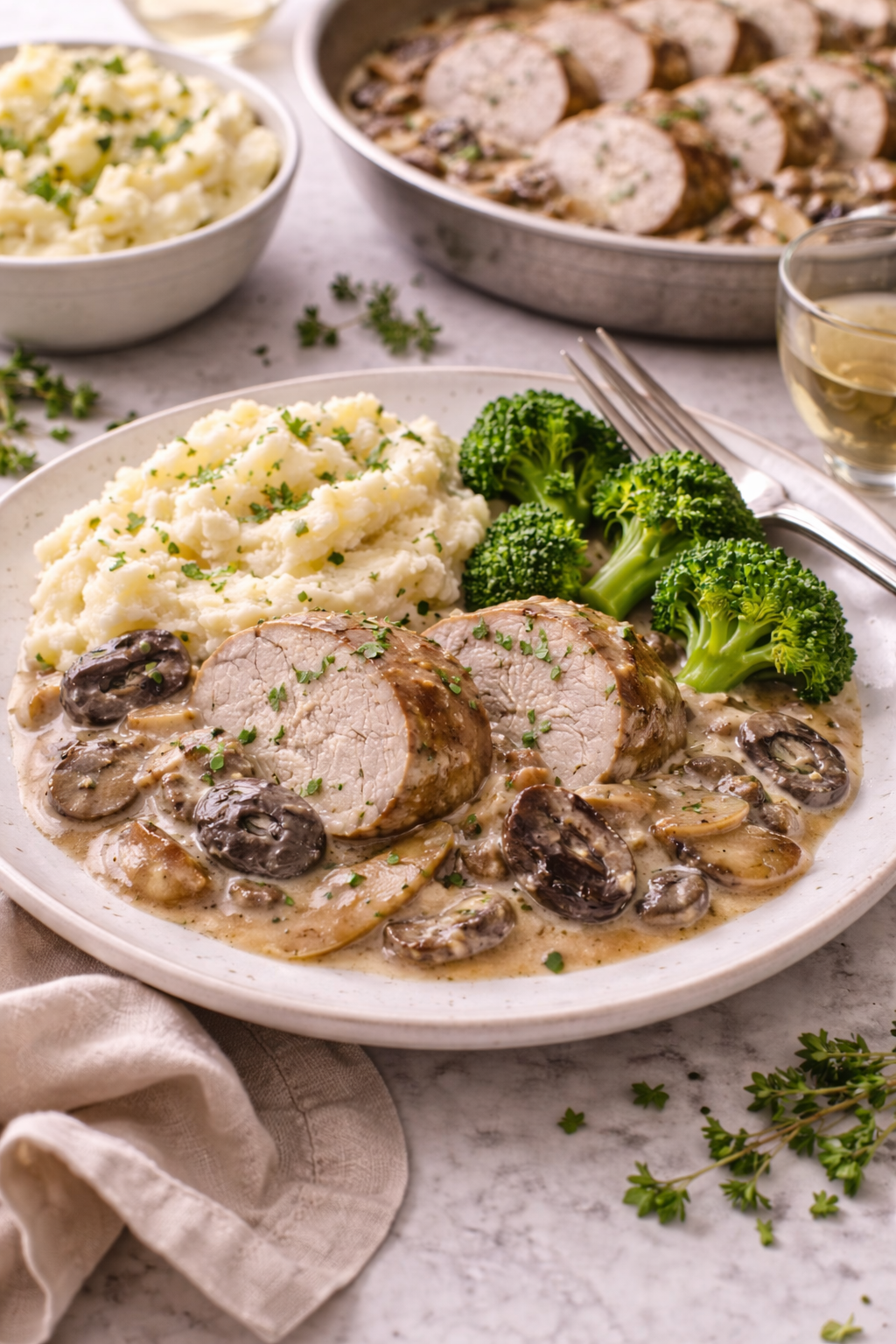 creamy mushroom pork tenderloin served with mashed potatoes and broccoli on a dinner plate