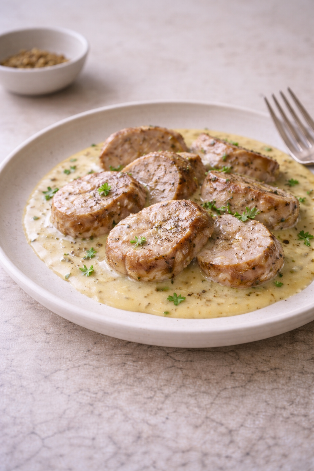 Pork tenderloin medallions served in a creamy mustard sauce on a plate, photographed in soft natural daylight.